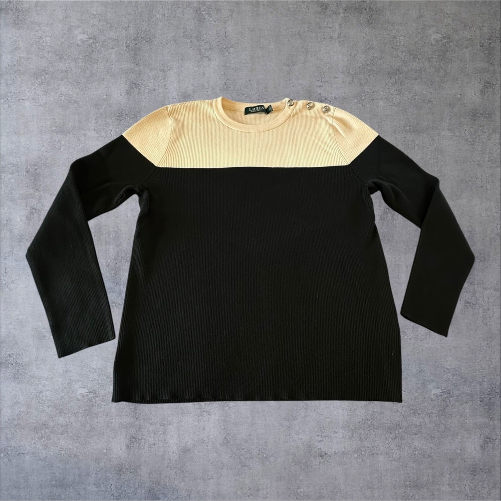 Lauren Ralph Lauren Sweater Womens XL Black Cream‎ Ribbed Shoulder Button